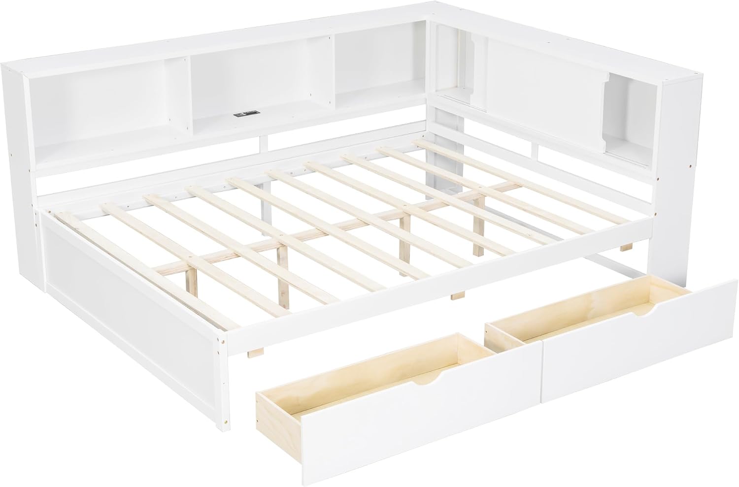 RuiSiSi Queen Size L-Shaped Daybed Frame with Drawers and LED Lights, Corner Day Bed with Storage Bookcase and Charging Station for Living Room or Guestroom, White