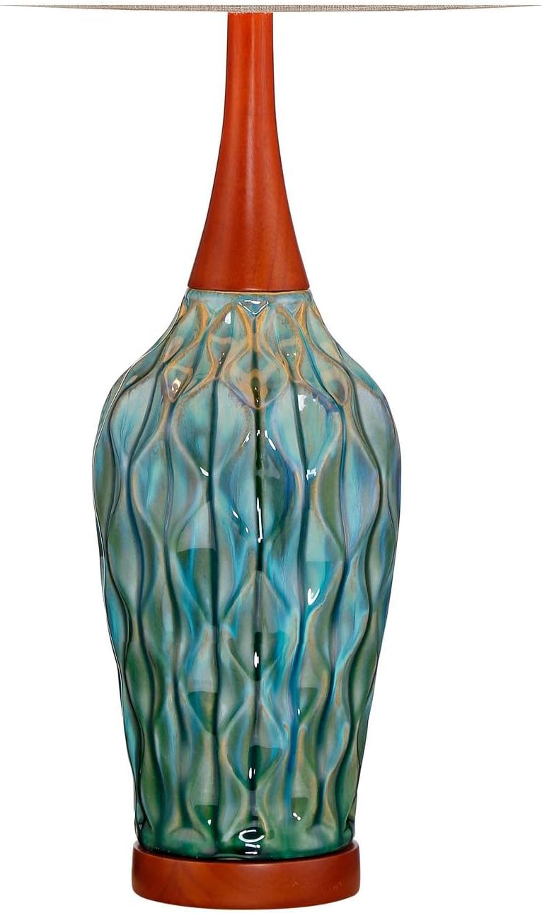 360 Lighting Rocco Mid Century Modern Table Lamps 30' Tall Set of 2 Blue Teal Glaze Ceramic Cherry Wood Tan Fabric Drum Shade for Cottage Core Bedroom Living Room Bedside Nightstand House Home