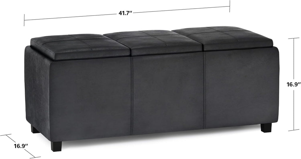 SIMPLIHOME Avalon Storage Ottoman - 42 inch Wide Upholstered Vegan Leather Rectangular Flip-Top Ottoman in Distressed Black, Contemporary Coffee Table Ottoman for Living Room with Hidden Storage