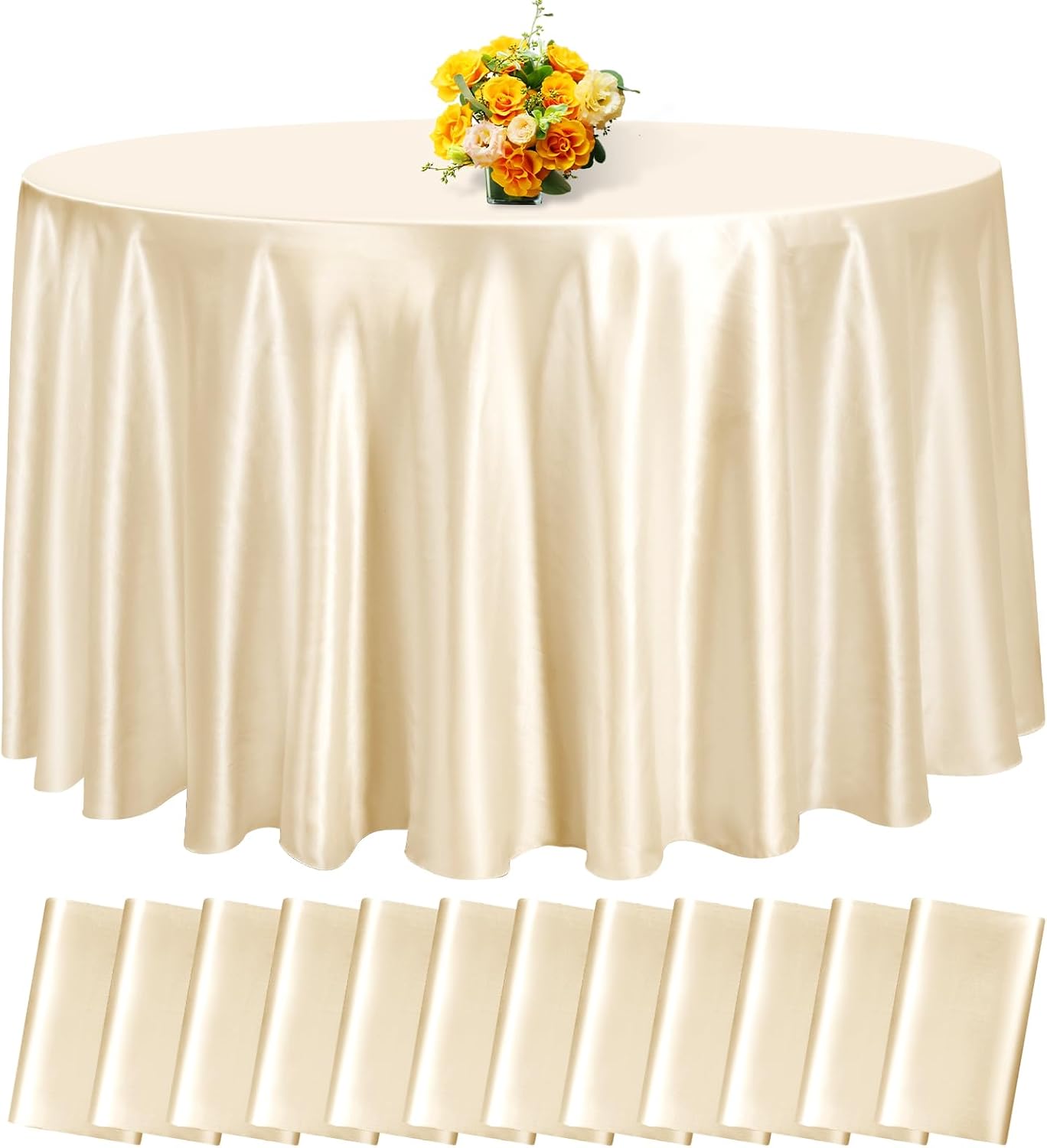 fani 12 Pack 120 Inch Champagne Satin Tablecloth - Premium Bright Silky Round Tablecloth Overlay Smooth Fabric Table Cover, Table Decoration for Wedding Party Banquet Events Restaurant Kitchen Dining