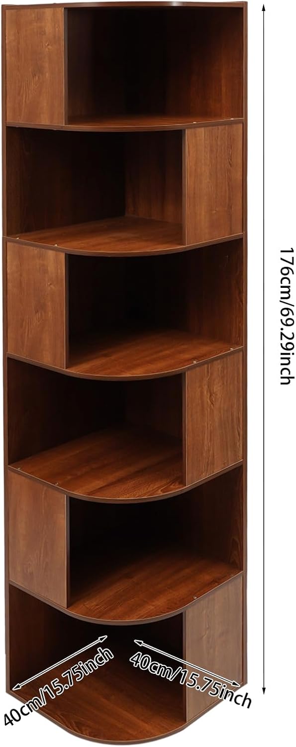 6 Tier Bookshelf Tower, 69.29'' Tall Floor-Standing Bookcase Display Cabinet, Wood Corner Book Shelf Organizer, Standing Bookshelf for Bedroom, Living Room, Study Room (Brown)