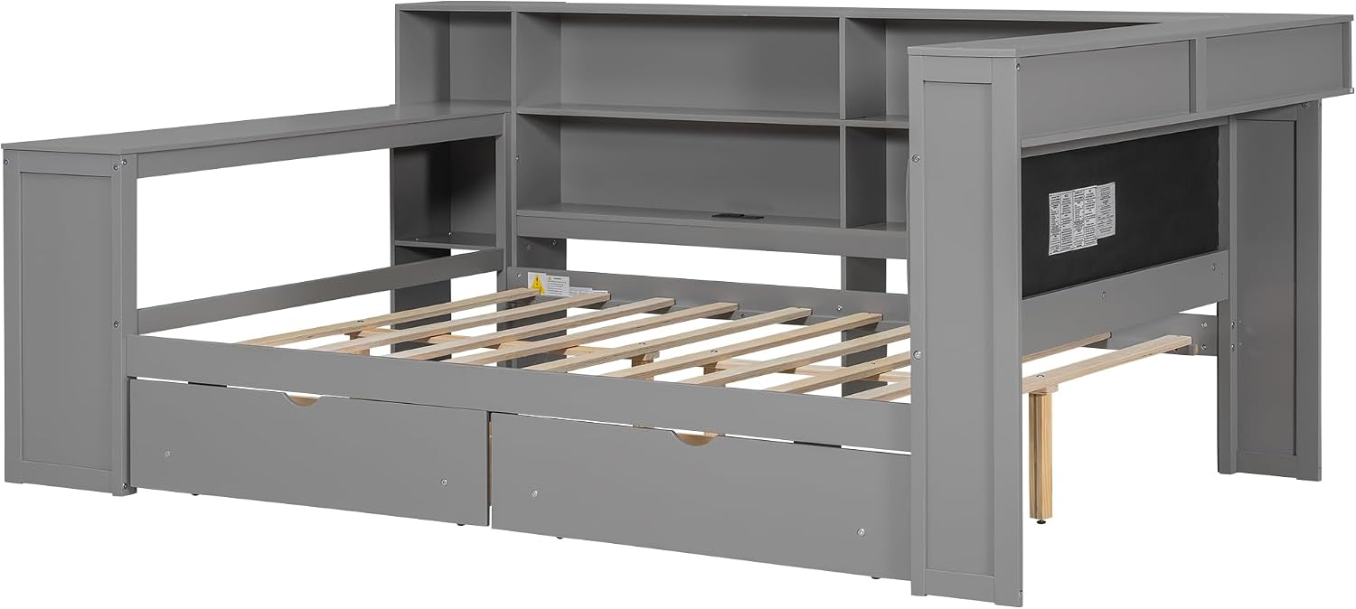 CITYLIGHT Full Size Daybed with Storage Drawers and Shelves, Desk, Full Size Corner Bed with LED Upholstered Headboard,Charging Station for Bed Room,Living Room.(Gray)