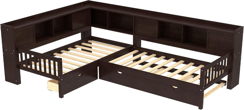 JIJIWANG L-Shaped Twin Platform Bed with Trundle & Storage Shelves, Solid Wood Space-Saving Corner Bed with Drawers, No Spring Box Needed, for Bedroom,Espresso