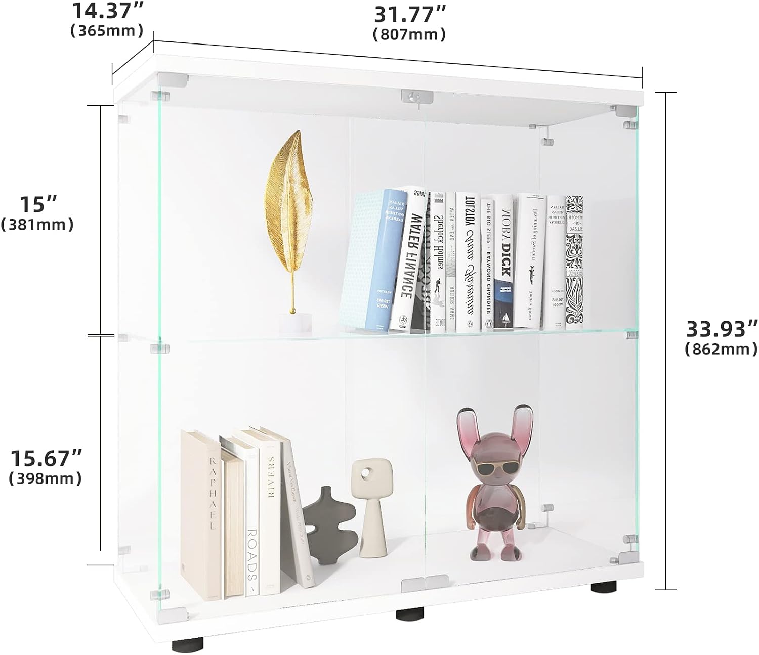 33.35' Two-Door Glass Display Cabinet 2 Shelves with Door,Floor Standing Curio Bookshelf w/Locks,Transparent Full Viewing Angle Cabinets for Living Room,Bedroom,Showroom,Office,White
