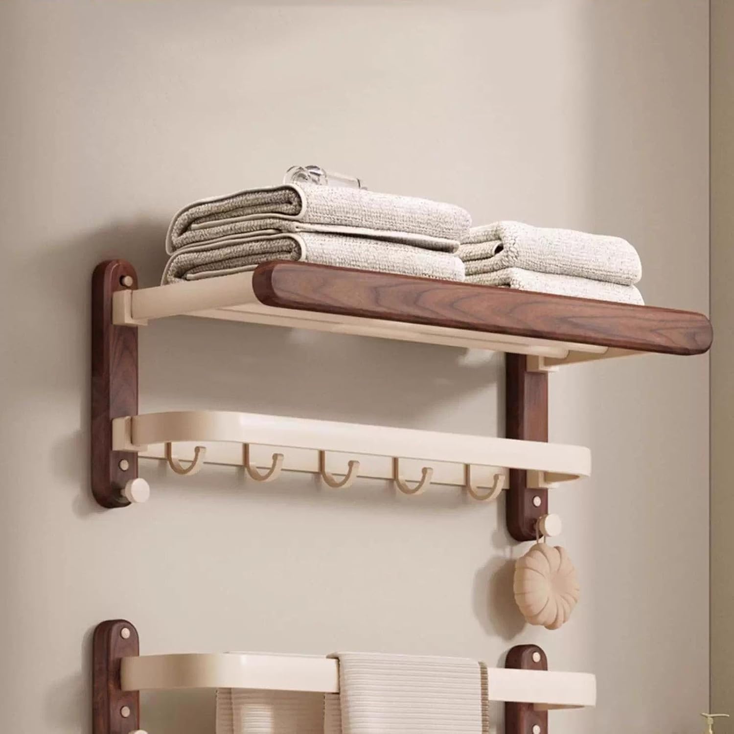 Space Aluminum+Solid Wood Towel Rack,Double Layer Bar Wall Mounted,with Foldable Shelf and Hooks,Bathroom Accessories,for Bedroom Bathroom Kitchen
