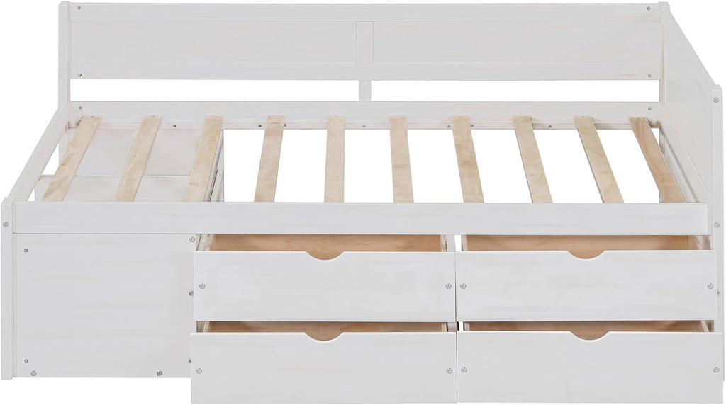 Twin Size White Daybed with Storage Drawers and Shelves,Wooden L-Shaped Corner Day Bed with Headboard & Bookcase for Boys,Girls,Small Room, Guest Room, kids'Room