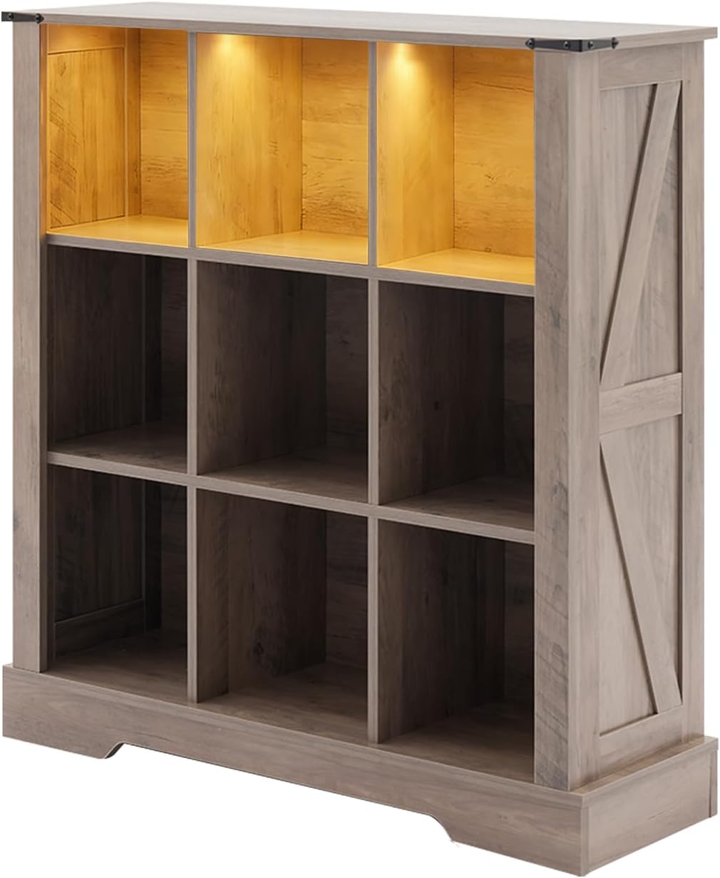 9 Cube Storage Organizer, 3 Tier Book Shelf with Led Lights, Farmhouse Book Shelves for Living Room, Horizontal Toy Storage Bookshelf, Wood Display Bookcase Cabinet for Bedroom, Office, Grey