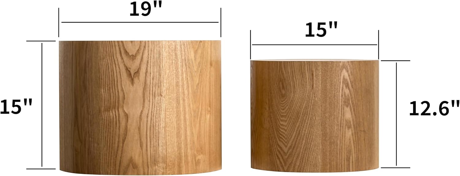 Nesting Coffee Table Set of 2, Modern Round Coffee Table, Wooden Circle Accent Tables for Small Spaces Living Room Bedroom Balcony Office Drum Side Table, Natural Wood