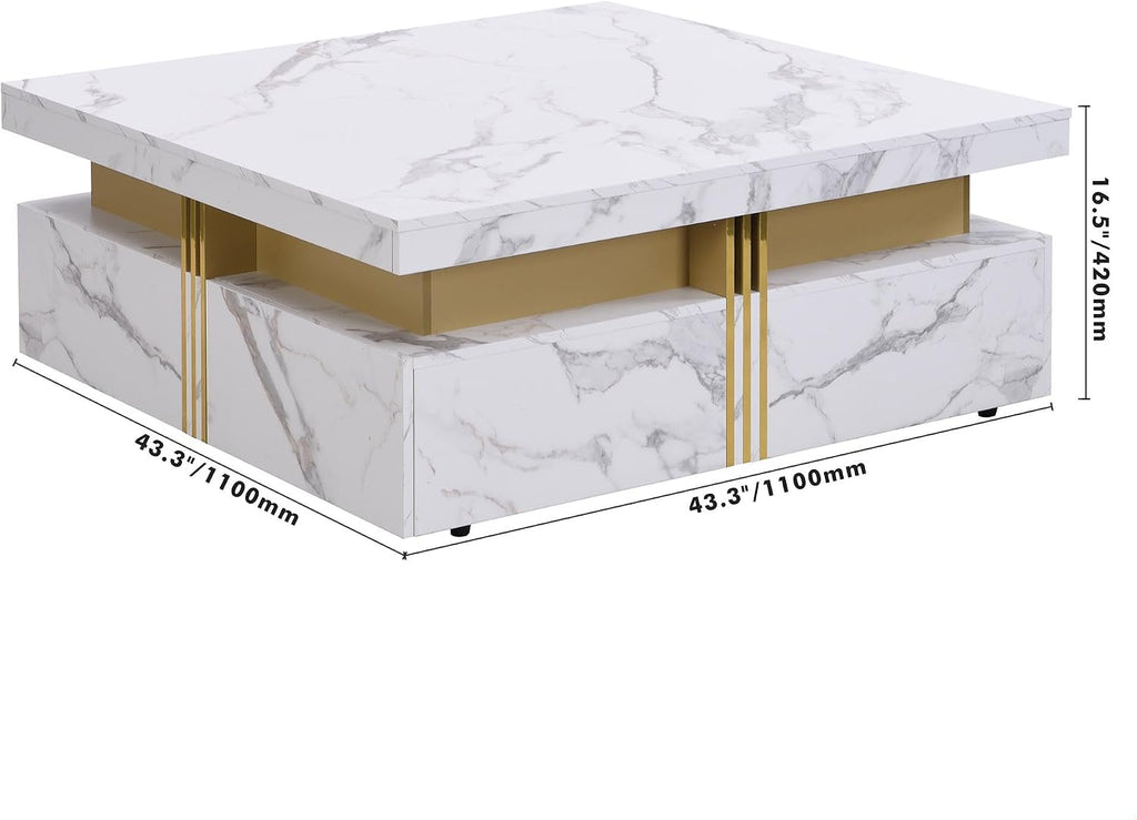 GDFStudio Barsv Modern Square Coffee Table with 4 Drawers, Stylish Storage Accent Table, Living Room Furniture with Ample Space, Remote Control Organizer, Glam Home Decor, White + Gold