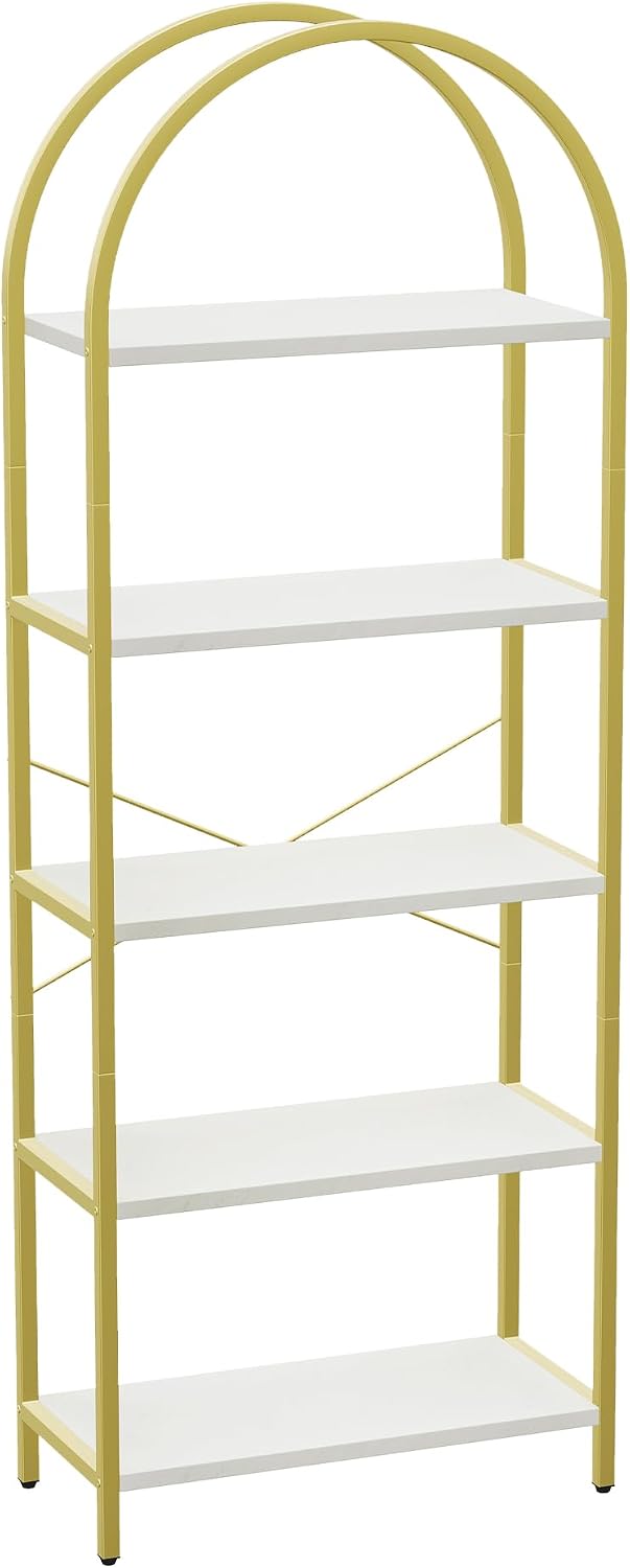 Takywep Bookshelf, Arched Bookcase with Metal Frame 5 Tiers Bookshelf Industrial Arched Cabinet Display Shelf Floorstanding Storage Shelving Unit for Bedroom Living Room Home Office, White and Gold