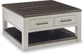 Signature Design by Ashley Darborn Farmhouse Lift-Top Coffee Table with Drawers, Lower Shelf and Casters, Light Gray & Dark Brown