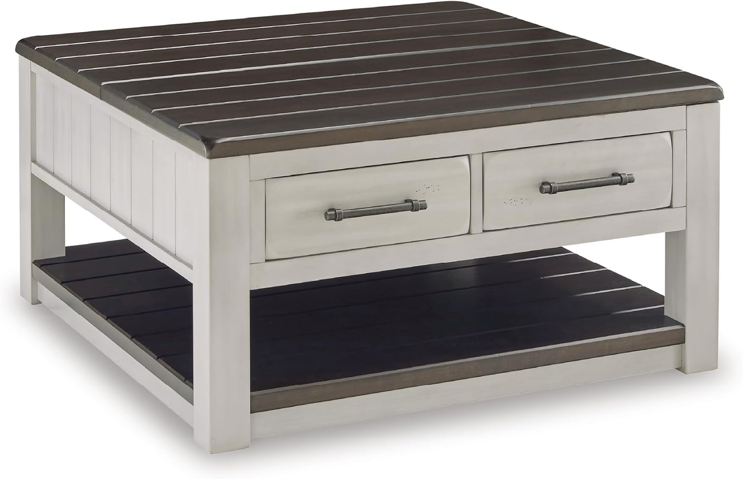 Signature Design by Ashley Darborn Farmhouse Lift-Top Coffee Table with Drawers, Lower Shelf and Casters, Light Gray & Dark Brown