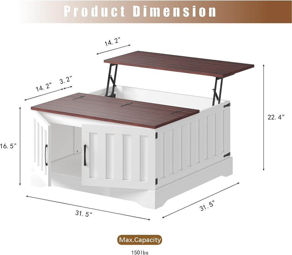 Square Lift Top Coffee Table with Storage, White Brown Led Coffee Table for Living Room with Large Hidden Storage, 30.7' Wood Table Led Center Table for Dining Reception Room