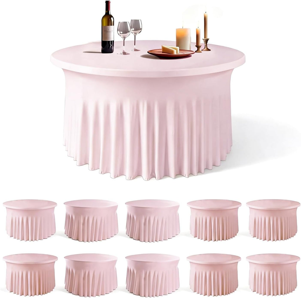 WJWHQ 10 Pack Pink Round Spandex Tablecloths for 60in Tables, 120Inch Stretchy Fitted 5FT Round Table Clothes,Wrinkle Free Table Cover with Skirt for Wedding Party Dining Banquet