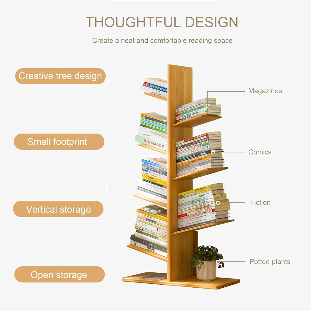 Bamboo Tree Bookshelf Organizer for Living Room and Home Office Modern Standing Bookcase for Cds Albums Books and Files Stylish Corner Shelf for Bedroom Storag,Grey-120cm/47.2in