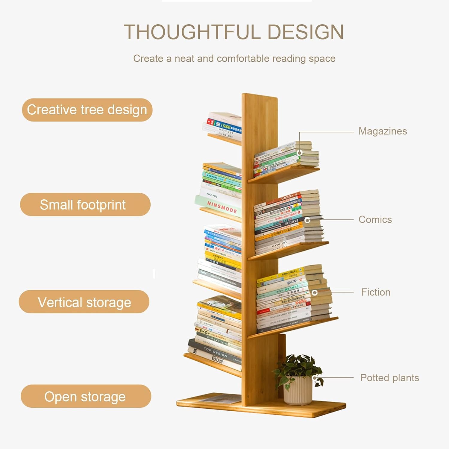 Bamboo Tree Bookshelf Organizer for Living Room and Home Office Modern Standing Bookcase for Cds Albums Books and Files Stylish Corner Shelf for Bedroom Storag,Grey-120cm/47.2in
