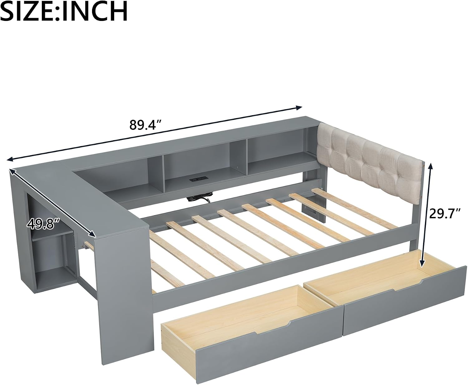 Bellemave Twin Size Corner Bed Frame with Storage Drawers and Desk,Captain Daybed with L-Shaped Bookcase,Corner Bed Frame Twin Size with Charging Station for Kids,Teens,Guests,Gray