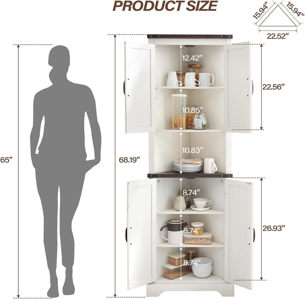 Minifeel Tall Farmhouse Corner Cabinet with 4 Doors and Adjustable Shelves, Farmhouse Storage Cabinet with Barn Door Design, Home Space Saver for Living Room, Kitchen, Laundry Room (Antique White)