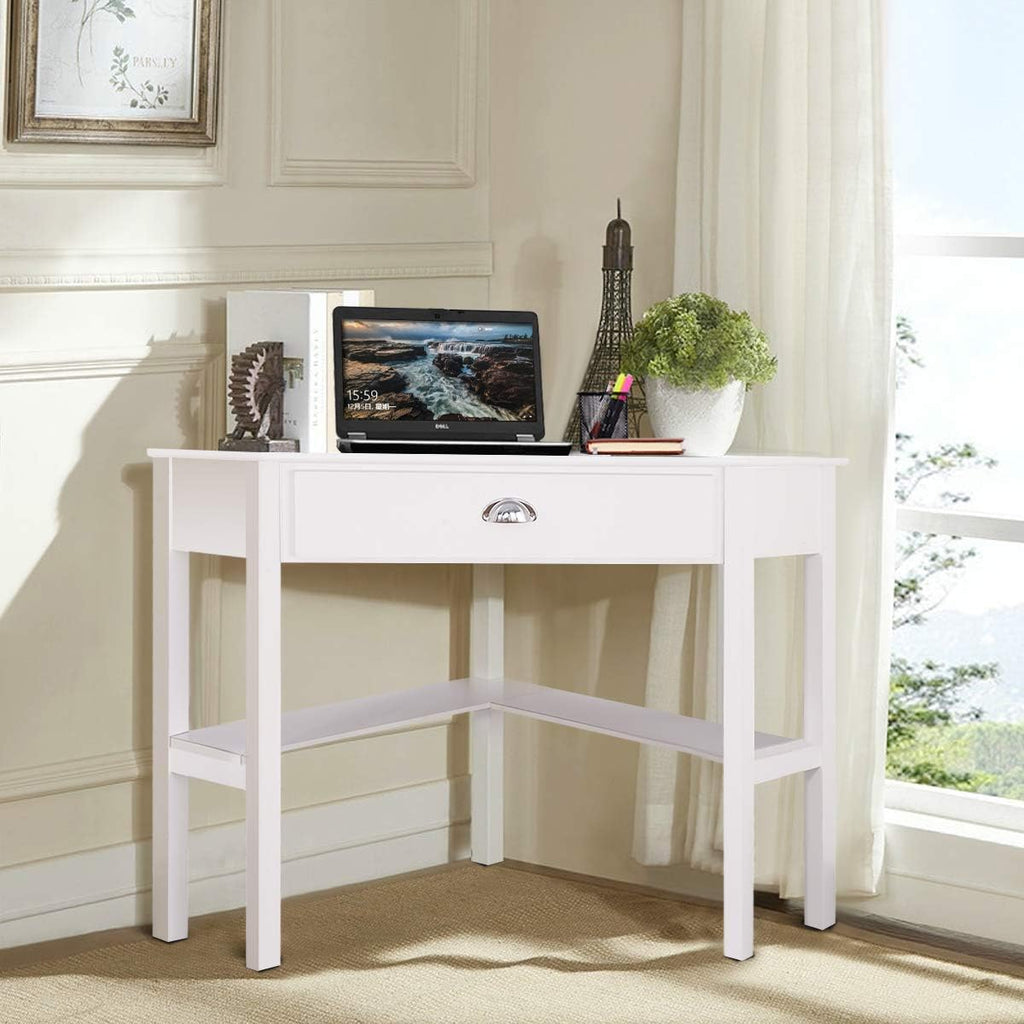 Corner Computer Desk, Space-Saving Table With Drawer & Shelves, Home Office 90 Triangle Workstation, Modern Makeup Vanity, Small Desk for Small Spaces (White)