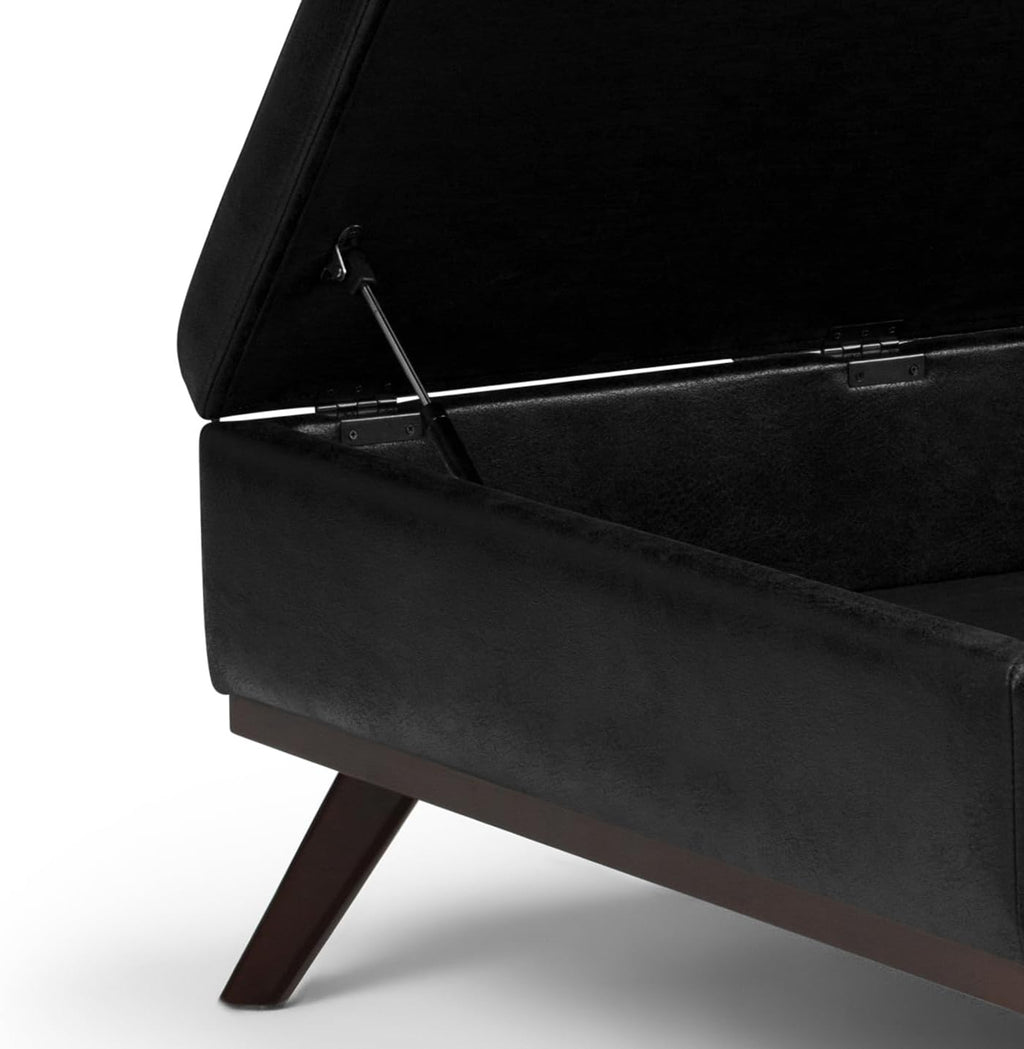 SIMPLIHOME Owen Square Coffee Table Storage Ottoman - 36 inch Wide Upholstered Vegan Leather Lift-Top Ottoman in Distressed Black, Mid-Century Modern Ottoman for Living Room with Tufted Detail