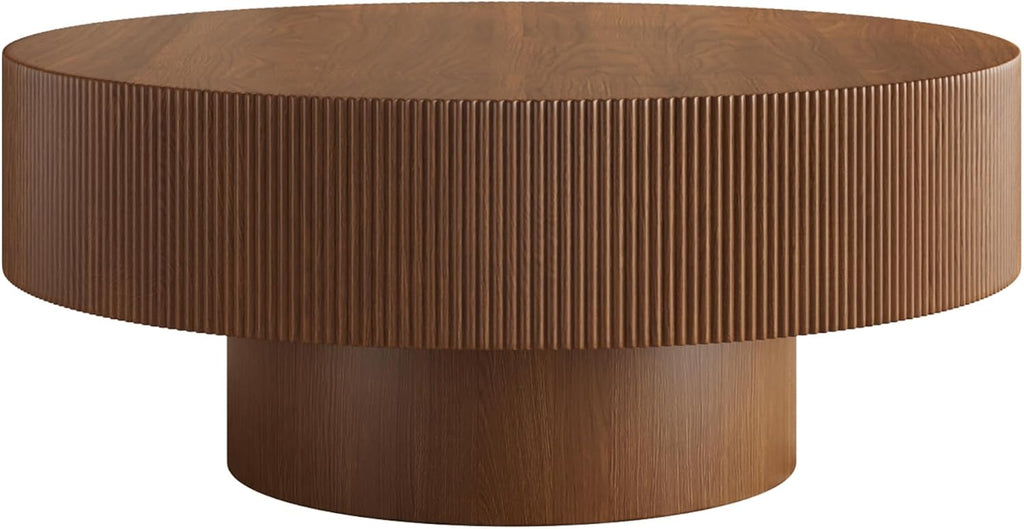 LUMISOL Modern Round Coffee Table for Living Room, Fluted Center Table with Thick Tabletop, Wave Design Drum Tea Tables, Circle End Table with Sturdy Base, 31.5' W*13.7' H, Walnut