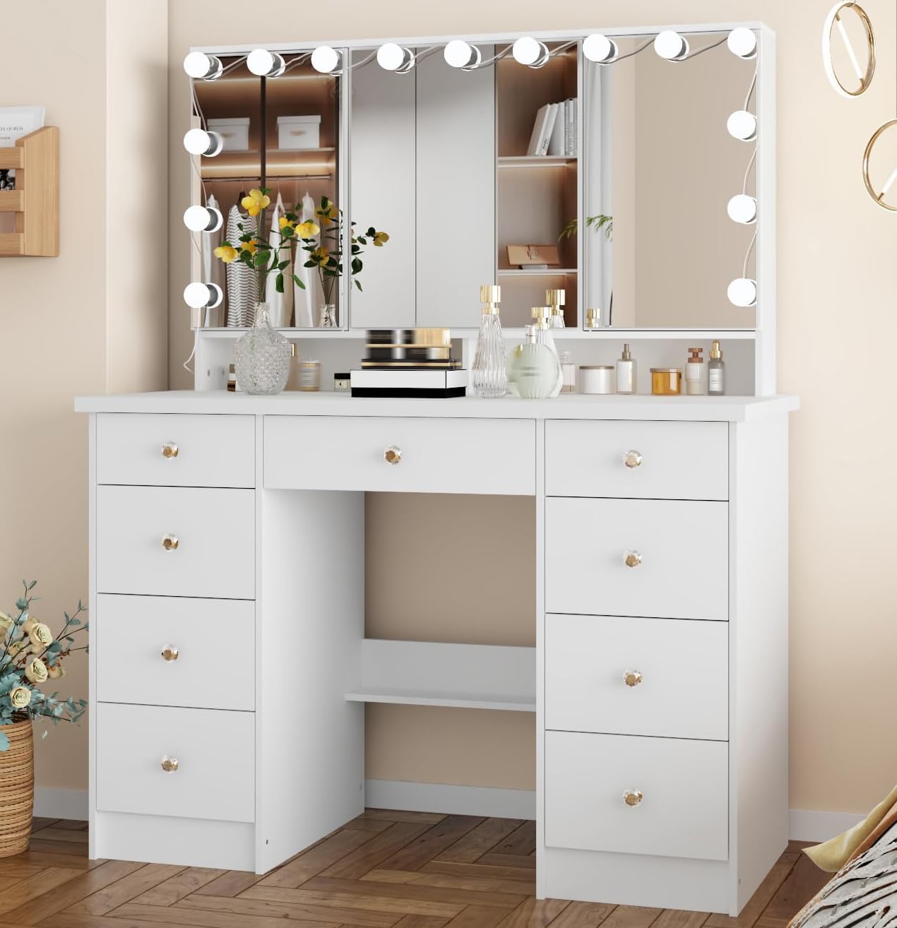 Timechee Vanity Mirror with Lights, Makeup Corner Vanity Desk Set with 9 Storage Drawers, 4 Large Shelves, 3 Color Lighting Options, Small Bulbs for Bedroom, White