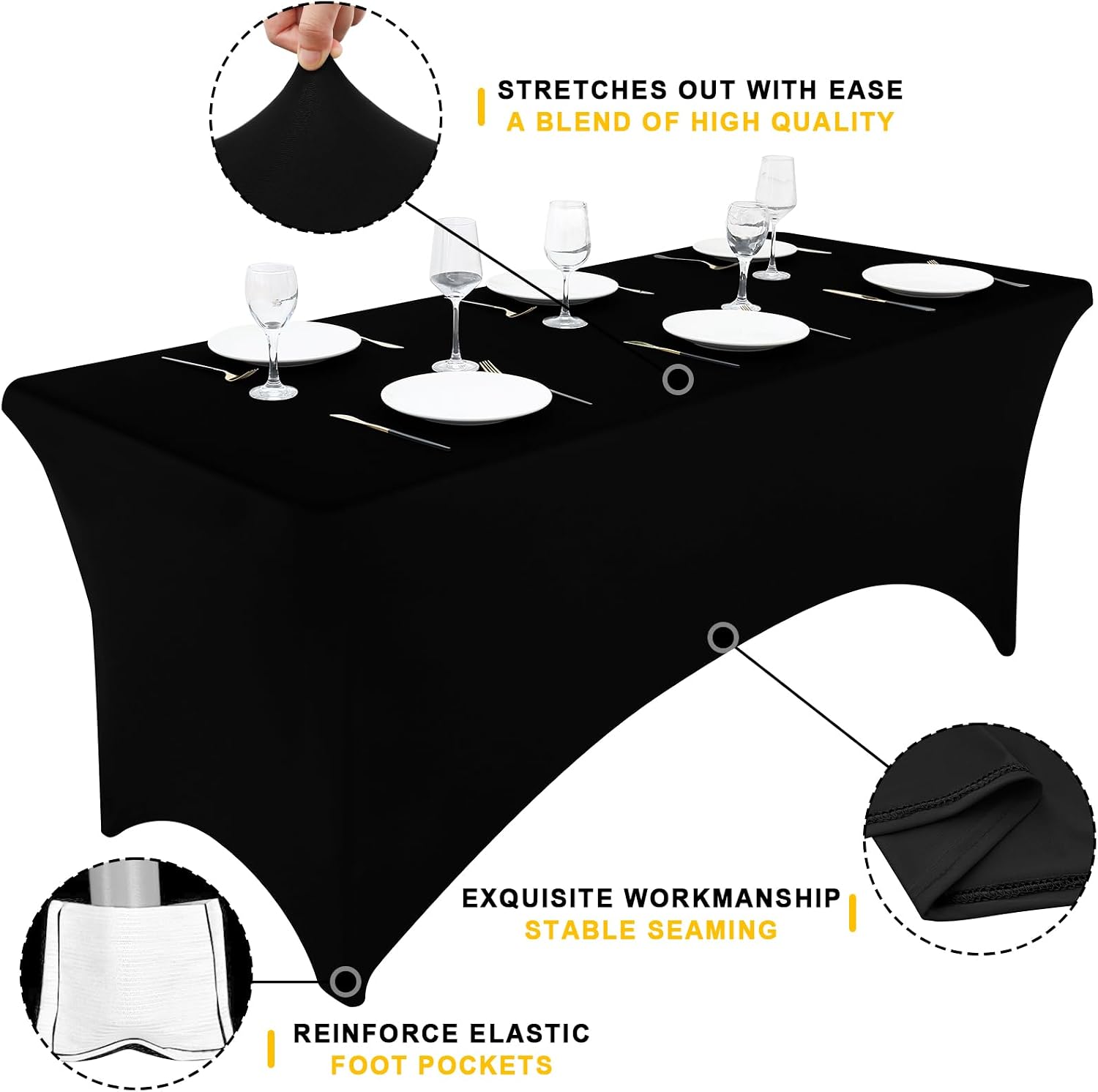Smiry 10 Pack Spandex Table Cloth 8FT, Elastic Fitted Stretch Tablecloths, Washable and Wrinkle Free Rectangular Patio Table Cover for Outdoor, Wedding, Banquet & Parties (Black, 96Lx30Wx30H Inch)