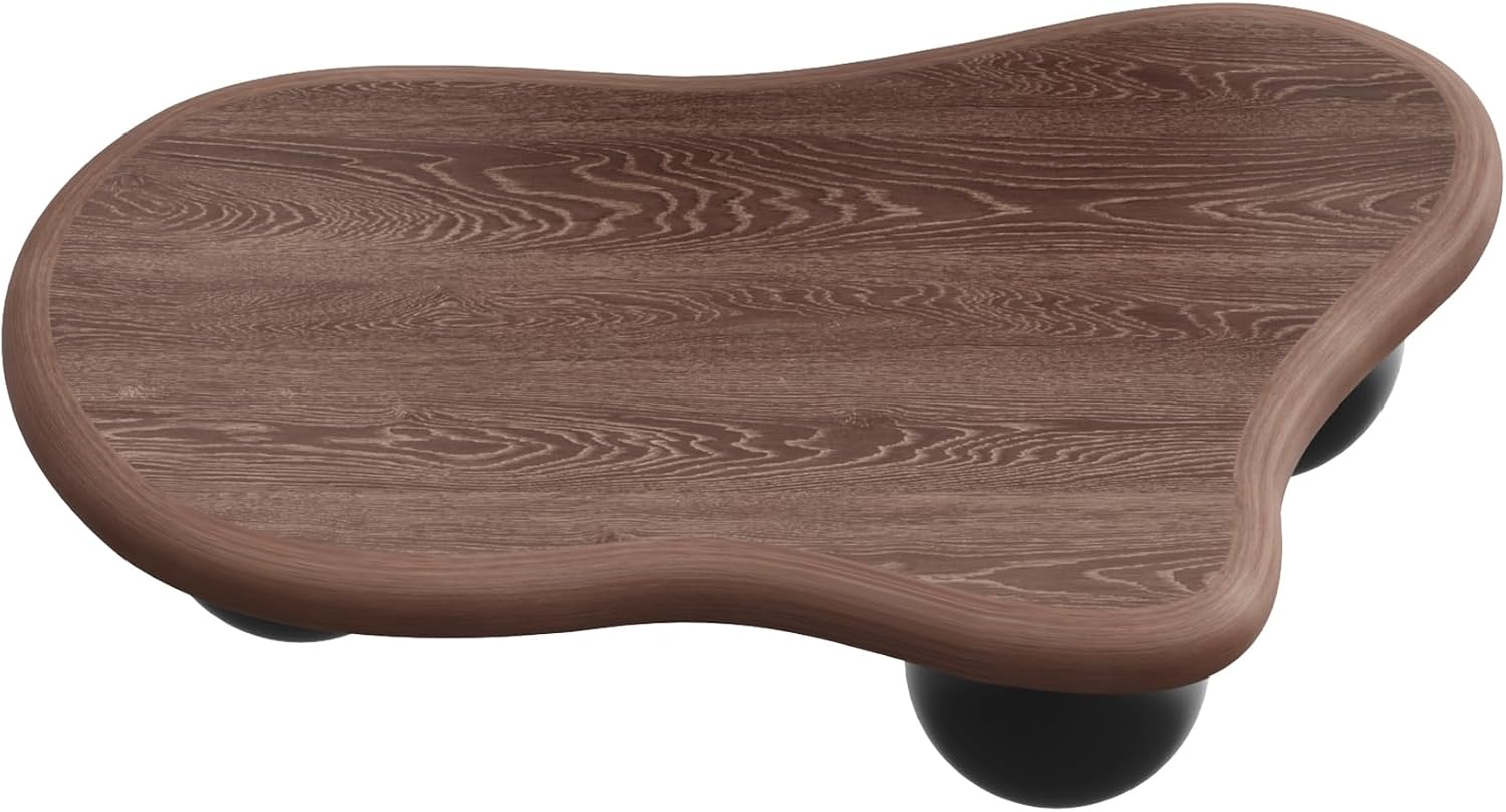 47' Cloud Coffee Table for Living Room Irregular Coffee Table Mid Century Modern Unique Coffee Tables Low Cute Small Center Table with 3 Ball Legs for Small Space Apartment Walnut & Black