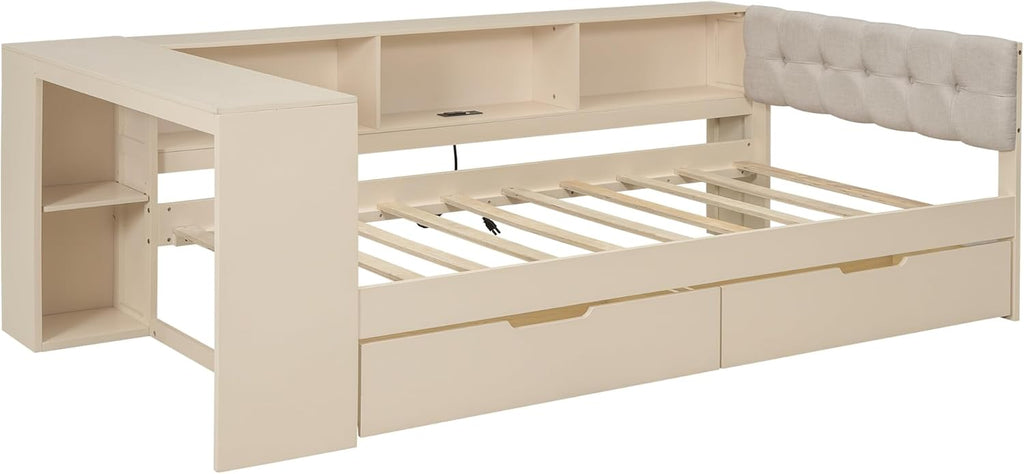 Bellemave Twin Size Corner Bed Frame with Storage Drawers and Desk,Captain Daybed with L-Shaped Bookcase,Corner Bed Frame Twin Size with Charging Station for Kids,Teens,Guests,Cream