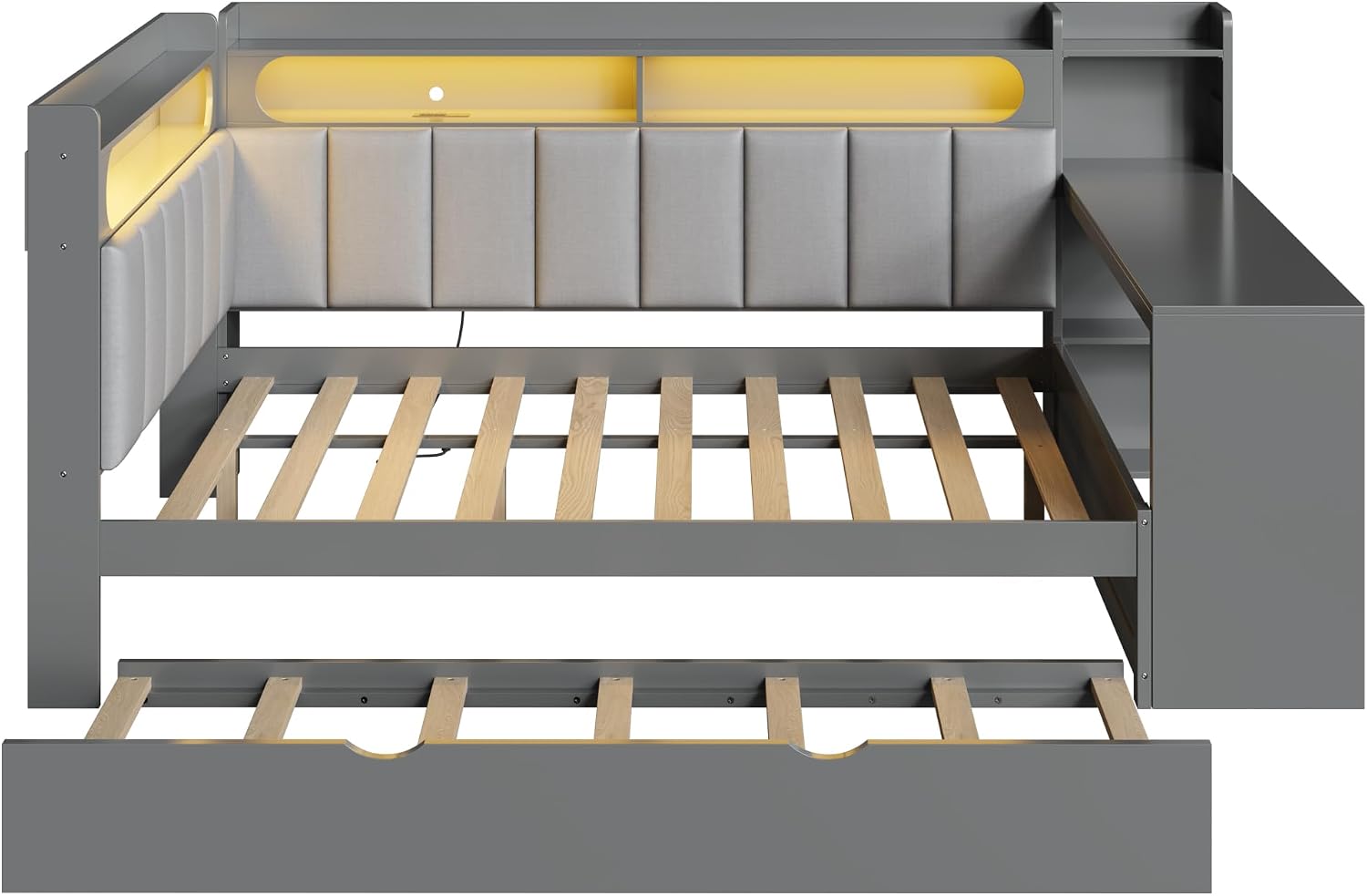 Corner Bed Frame with Trundle and Shelves, Full Size Daybed with LED Lights, Storage Headboardand Desk for Kids Teens Boys Girls, Space Saving, No Box Spring Needed, Gray