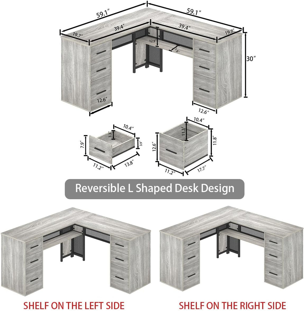 HSH Large L Shaped Desk with Storage File Cabinet，Corner L-Shaped Computer Desk with Drawers Shelves, Home Office Bedroom Metal Wood Study Writing Table Executive Workstation, Light Grey Oak, 59 Inch