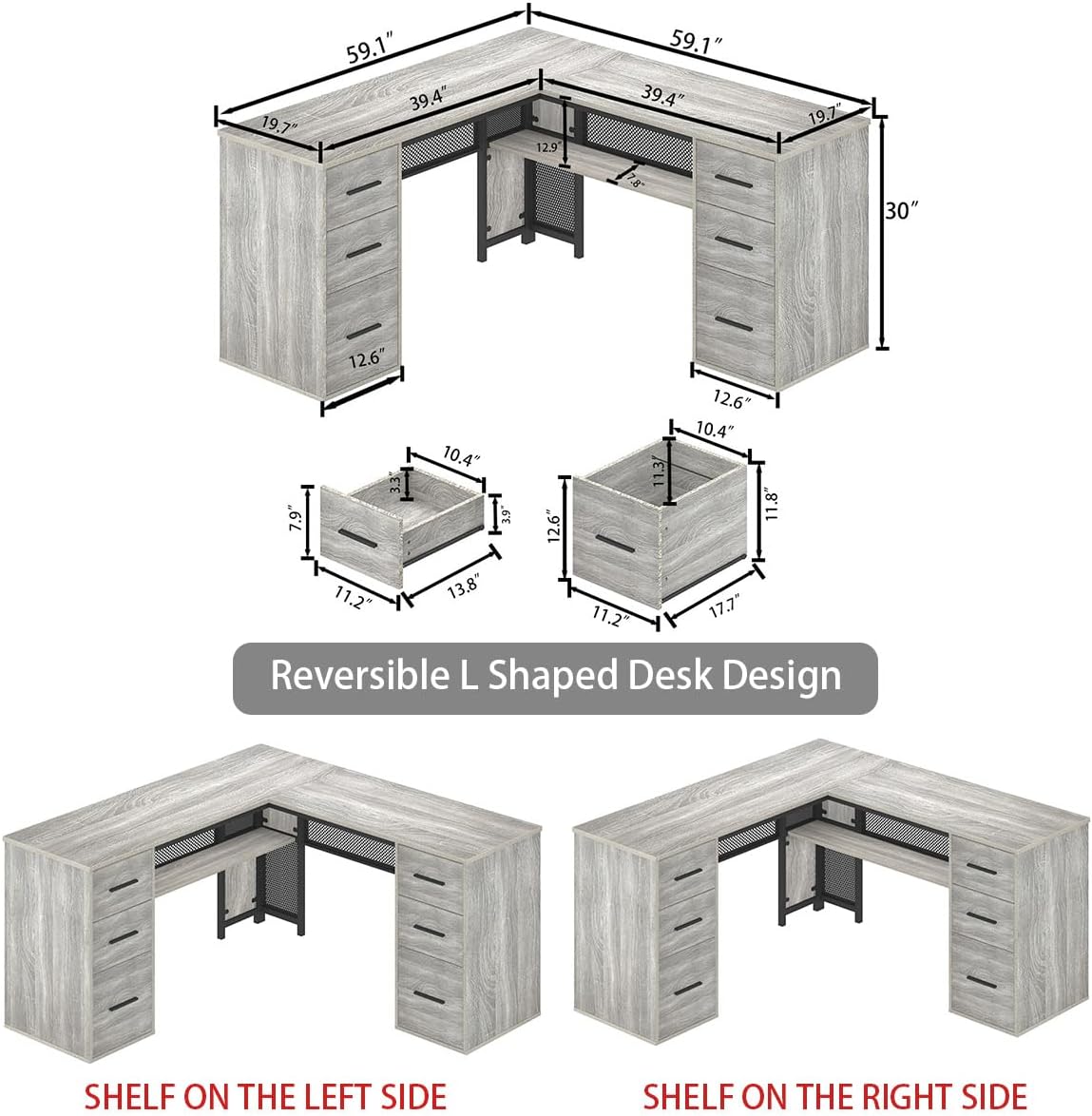 HSH Large L Shaped Desk with Storage File Cabinet，Corner L-Shaped Computer Desk with Drawers Shelves, Home Office Bedroom Metal Wood Study Writing Table Executive Workstation, Light Grey Oak, 59 Inch
