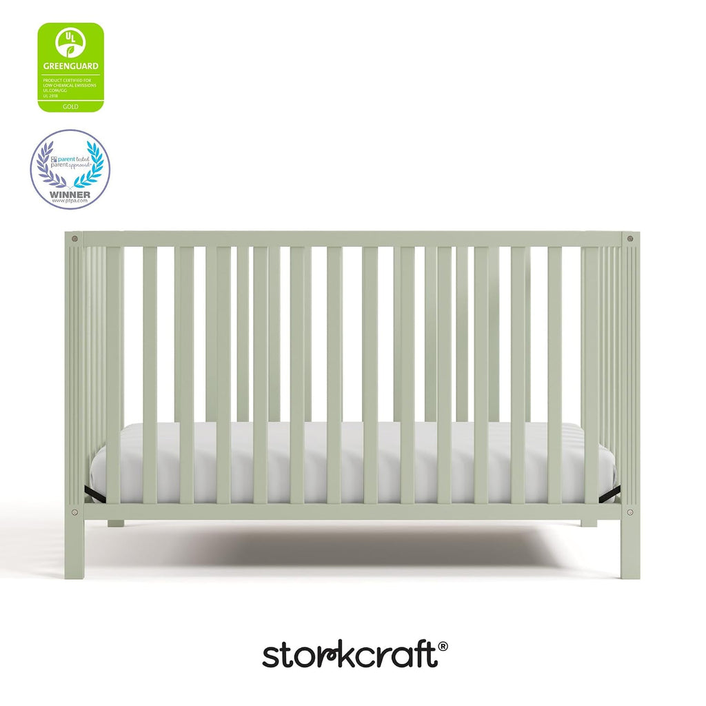Storkcraft Morningside 5-in-1 Convertible Crib – GREENGUARD Gold Certified, Fits Standard Crib Mattress, Converts to Toddler Bed, Daybed and Full Bed, 4 Adjustable Mattress Heights (Sage)
