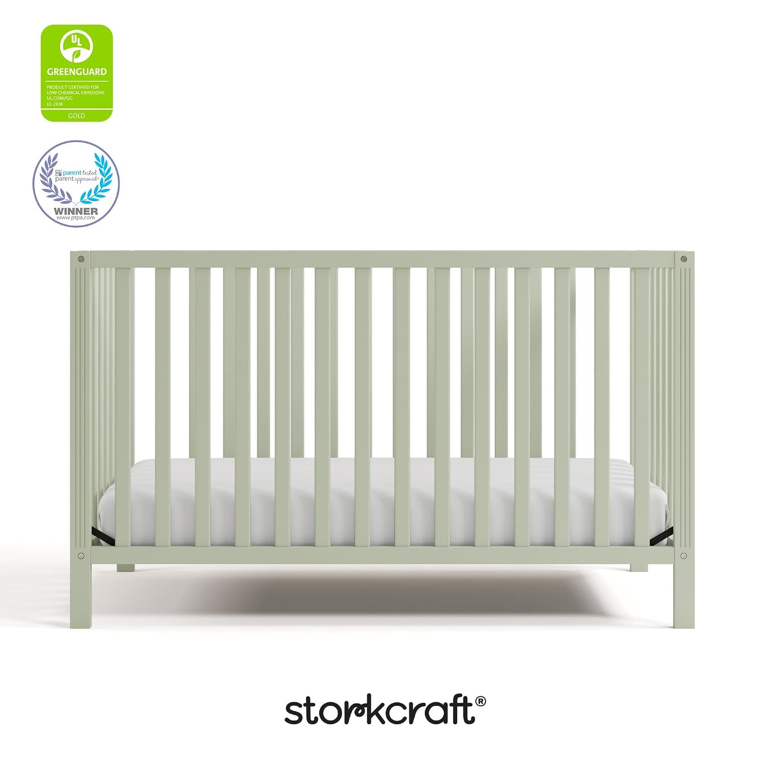 Storkcraft Morningside 5-in-1 Convertible Crib – GREENGUARD Gold Certified, Fits Standard Crib Mattress, Converts to Toddler Bed, Daybed and Full Bed, 4 Adjustable Mattress Heights (Sage)