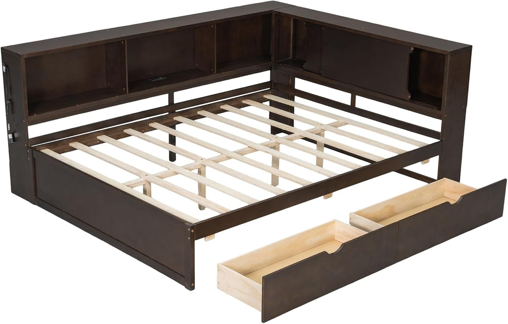 RuiSiSi Queen Size Daybed with L-Shape Bookshelf, Wood Corner Storage Bed Frame with Drawers and LED, Brown