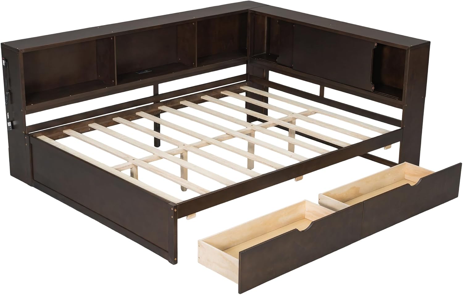 RuiSiSi Queen Size Daybed with L-Shape Bookshelf, Wood Corner Storage Bed Frame with Drawers and LED, Brown