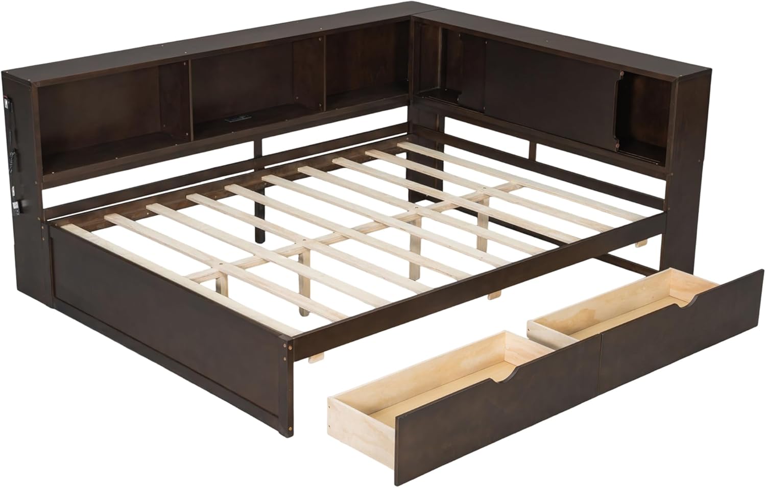 MERITLINE Queen Size Corner Bed with 2 Storage Drawers and Shelves, Wooden Daybed Frame with LED Lights and USB Ports, Modern Teenagers Bedframe, Brown