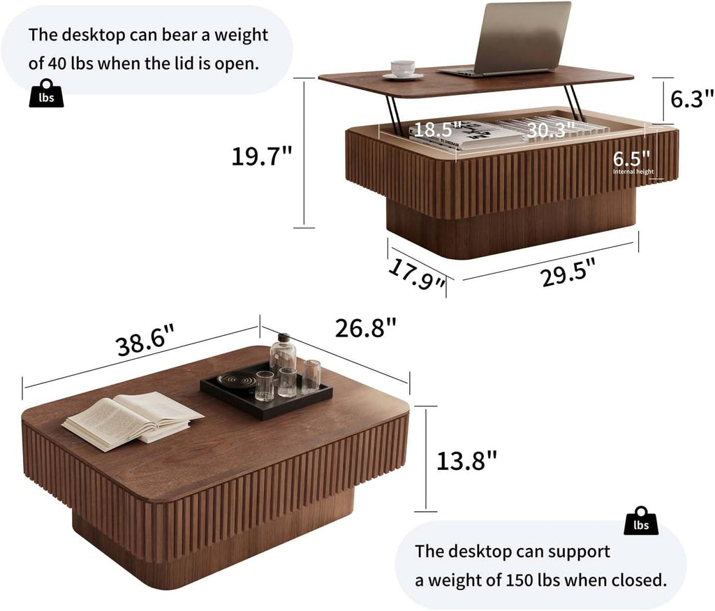 Lift Coffee Table with Storage & Adjustable Height, Solid Wood Coffee Table Fluted Center Table Accent Tea Table or Living Room, Apartment, Office (38.6' Walnut)