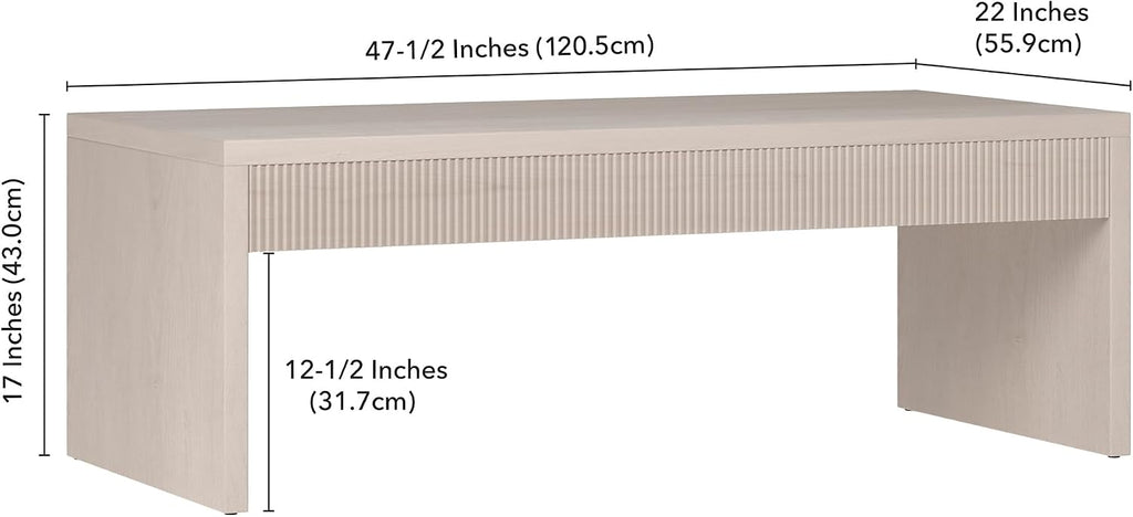 Henn&Hart 48' Fluted Rectangular Coffee Table with Ribbed Front Panel for Living Room, Family Room, or Office, Beech White