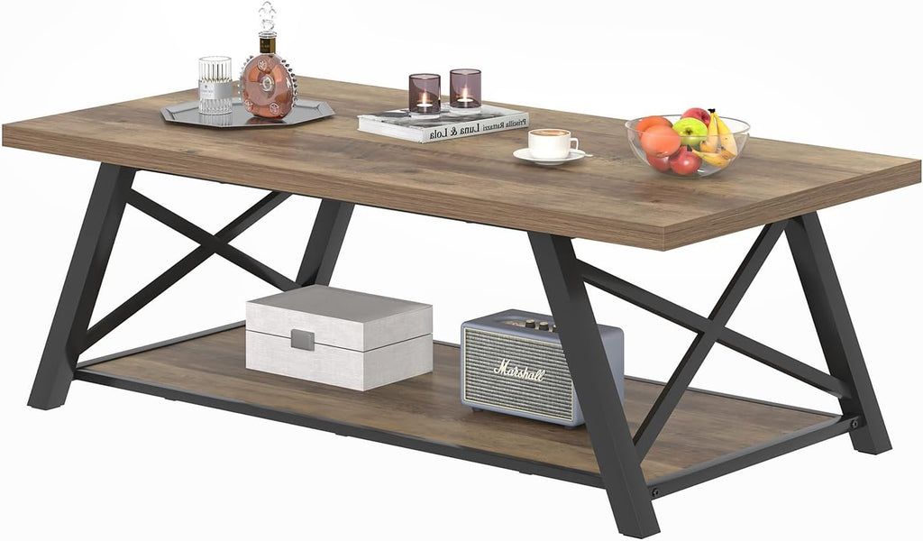 EXCEFUR Modern Coffee Table, Rectangle Center Table for Living Room with Storage Shelf, Industrial Wood and Metal Cocktail Tea Table, Rustic Oak, 47 Inch