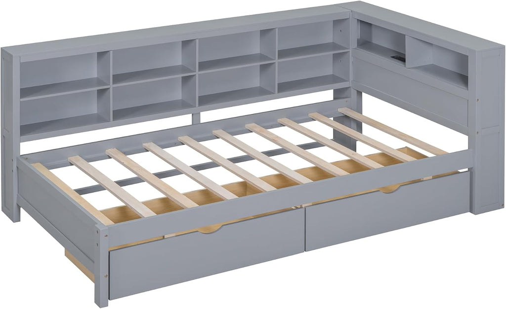 Twin Size Daybed with Storage Drawers and L-Shaped Bookcase Headboard, Wood Corner Bed Frame with Charging Station and Shelves for Kids Boys Girls, Grey