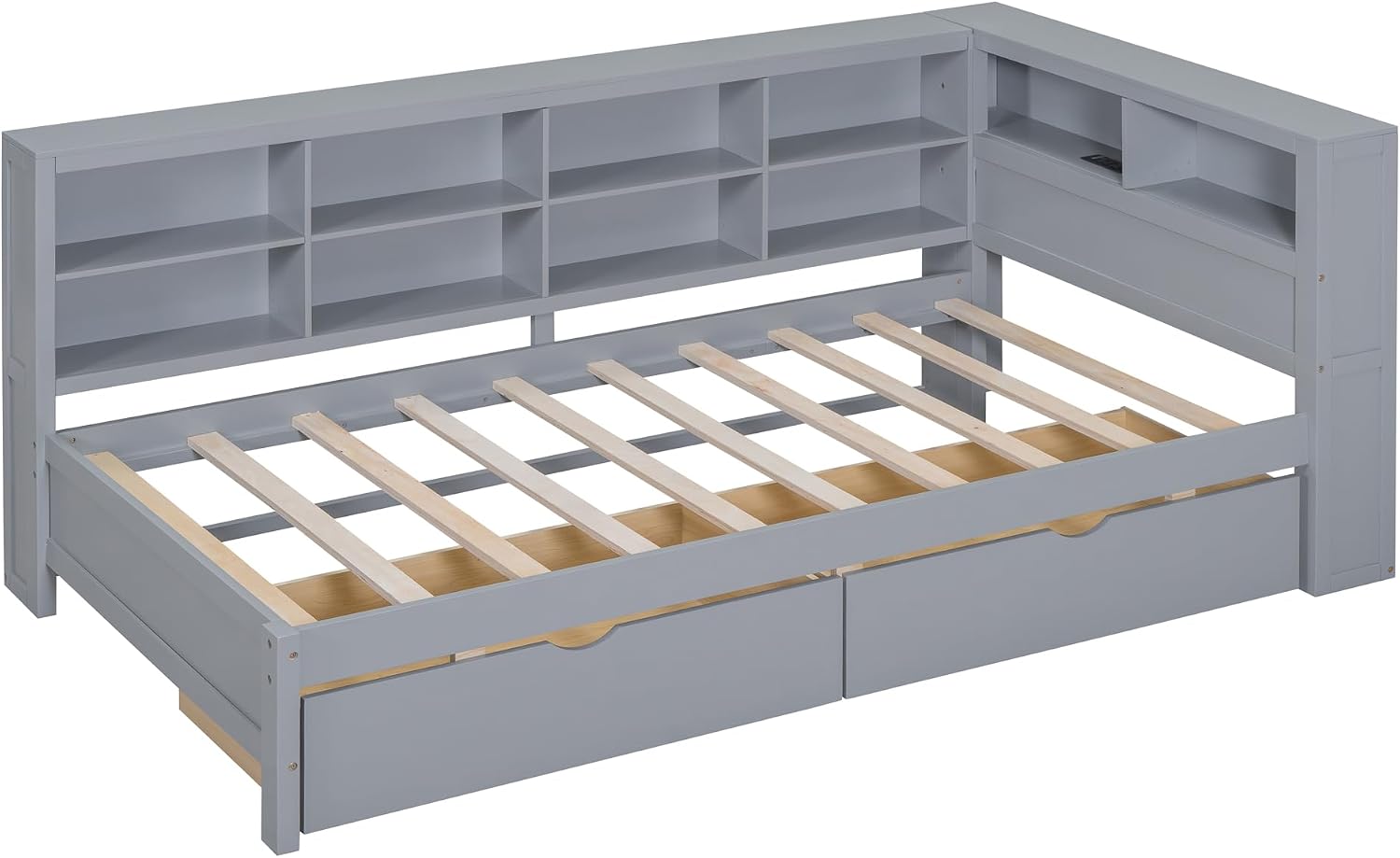 Twin Size Daybed with Storage Drawers and L-Shaped Bookcase Headboard, Wood Corner Bed Frame with Charging Station and Shelves for Kids Boys Girls, Grey
