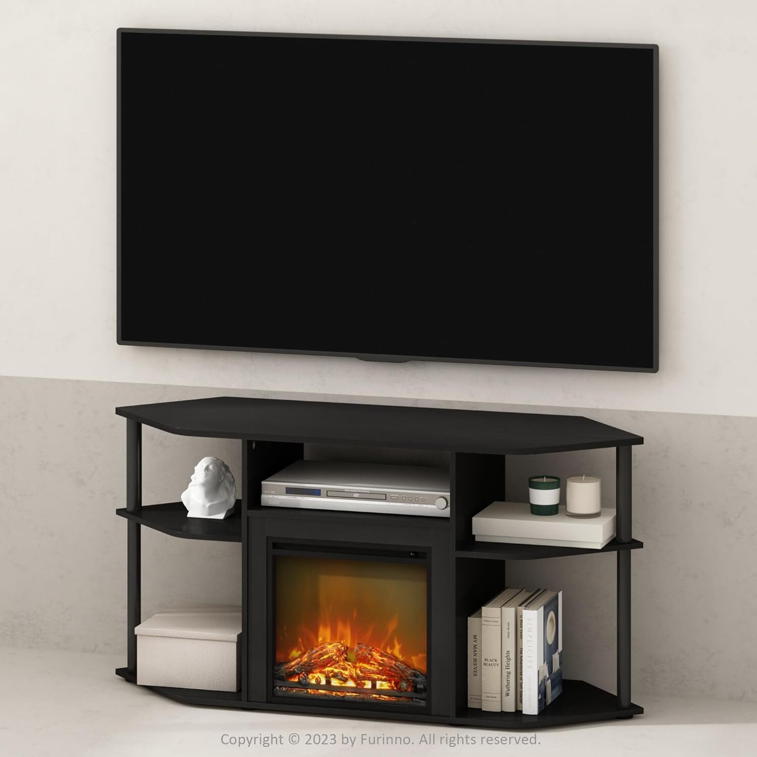 HomeStock Electric Fireplace TV Stand - Corner Entertainment Center for TVs up to 55 Inch Americano/Corner with Tube