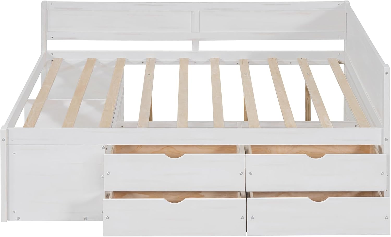 White Full Size L-Shaped Daybed with 4 Storage Drawers & Shelves,Wooden Corner Day Bed Frame with Headboard & Bookcase for Boys,Girls,Small Room,Guest Room,kids'Room,No Box Spring Needed