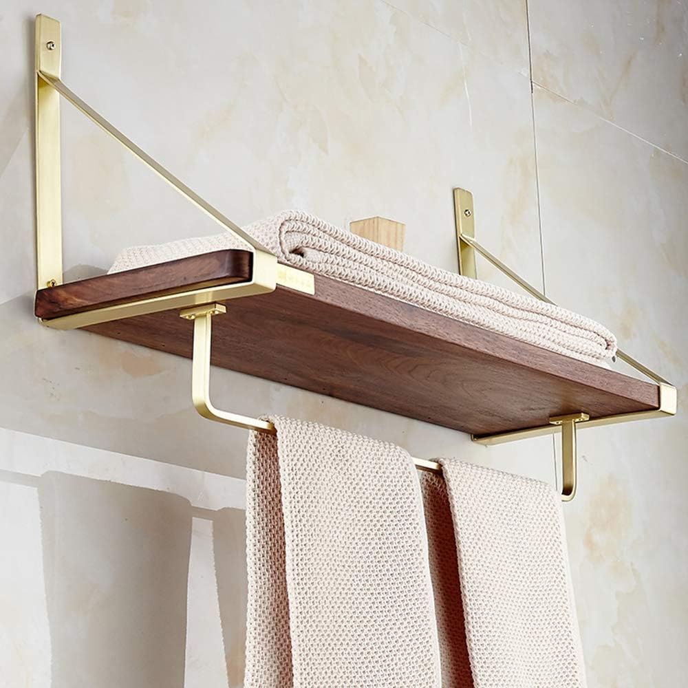 Wall Mounted Towel Racks Made of Premium Brass and Wood, Bathroom Shelf with Towel Bar Rod Hooks, Multifunction Towel Bars Hotel Style, for Bathroom Hotel