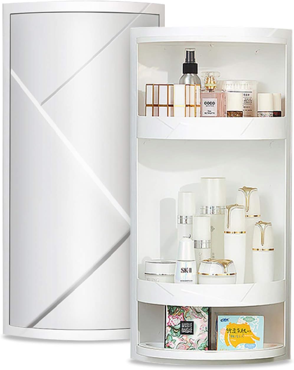 Bathroom Storage Corner Vanity Cabinet 24'x8.75'x8.75' Space Saver Rotating Organizer - 2-Tiered Storage Cabinet Countertop Storage or Wall Shelf - White Corner Shelf - Hidden Storage Rack
