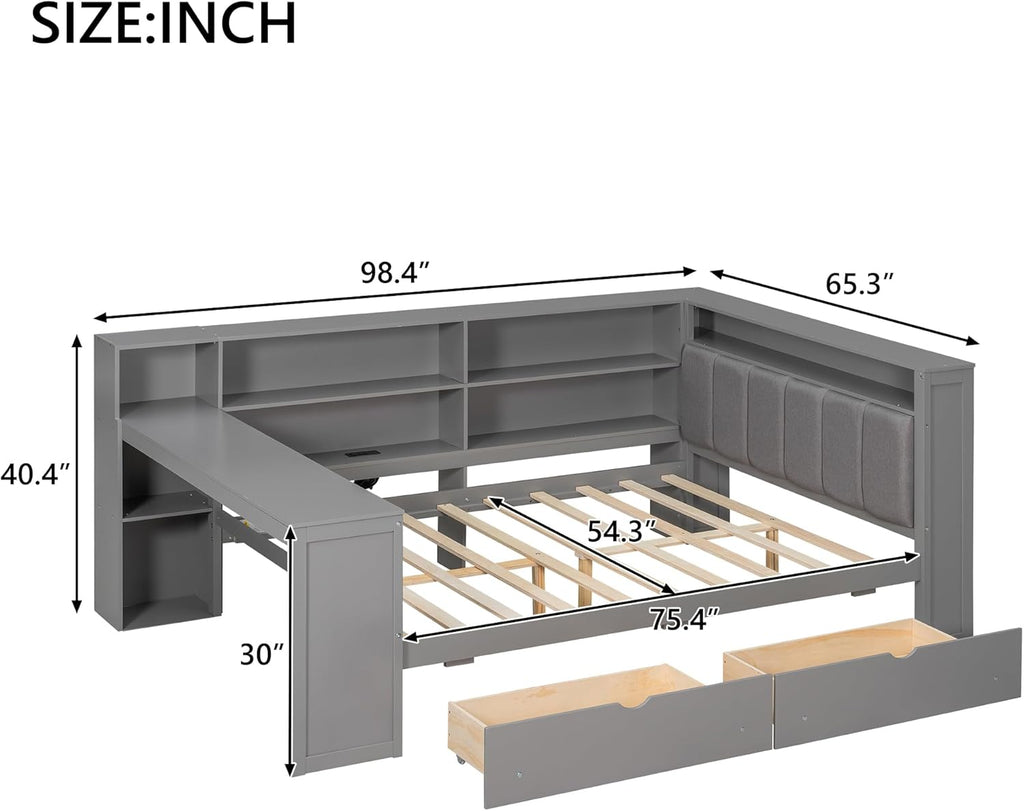 MERITLINE Full Daybed with Storage,Desk,Upholstered Headboard and LED Light &Charging Station, Solid Wood Corner Bed Frame with Storage Drawers and Bookcase for Adults,No Box Spring Needed (Grey)