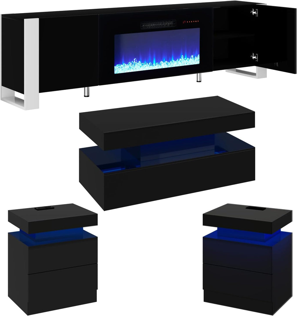 VanAcc 4-Piece Living Room Table Set, 70' Fireplace TV Stand with High Gloss Doors, Modern Coffee Table, LED Light End Table, High Glossy Table Sets for Living Room, Black