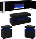 VanAcc 4-Piece Living Room Table Set, 70' Fireplace TV Stand with High Gloss Doors, Modern Coffee Table, LED Light End Table, High Glossy Table Sets for Living Room, Black