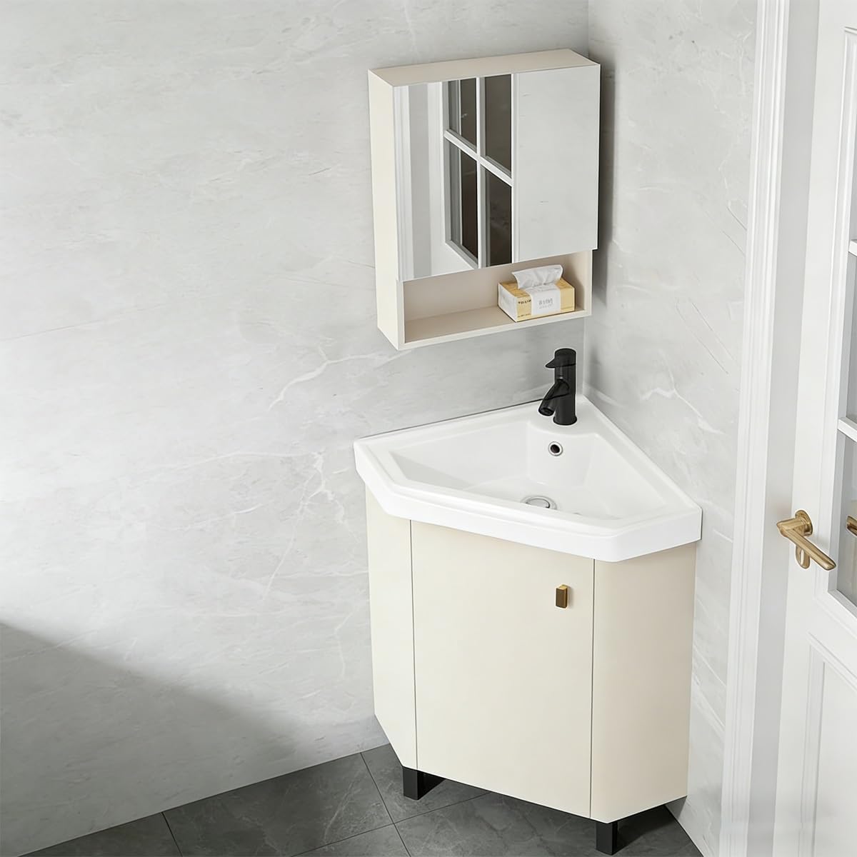 Corner Bathroom Vanity Sink for Small Space, Freestanding Compact Space Bathroom Storage Cabinet,Space-Saving, with White Ceramic Sink & Adjustable Shelf(43x43 cm(16.9x16.9 in))